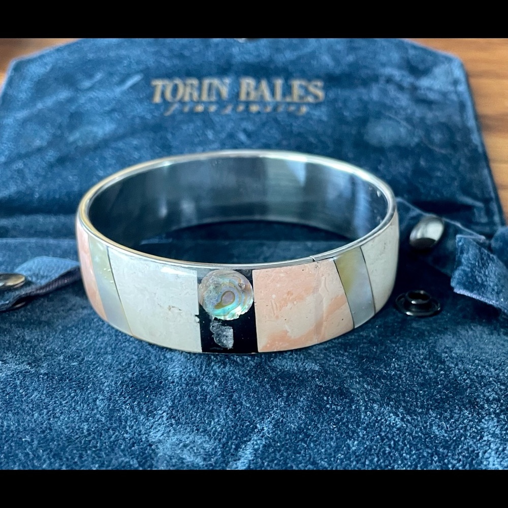 Vintage Mother of Pearl, Shell and Onyx Inlay on Silver Bracelet MCM